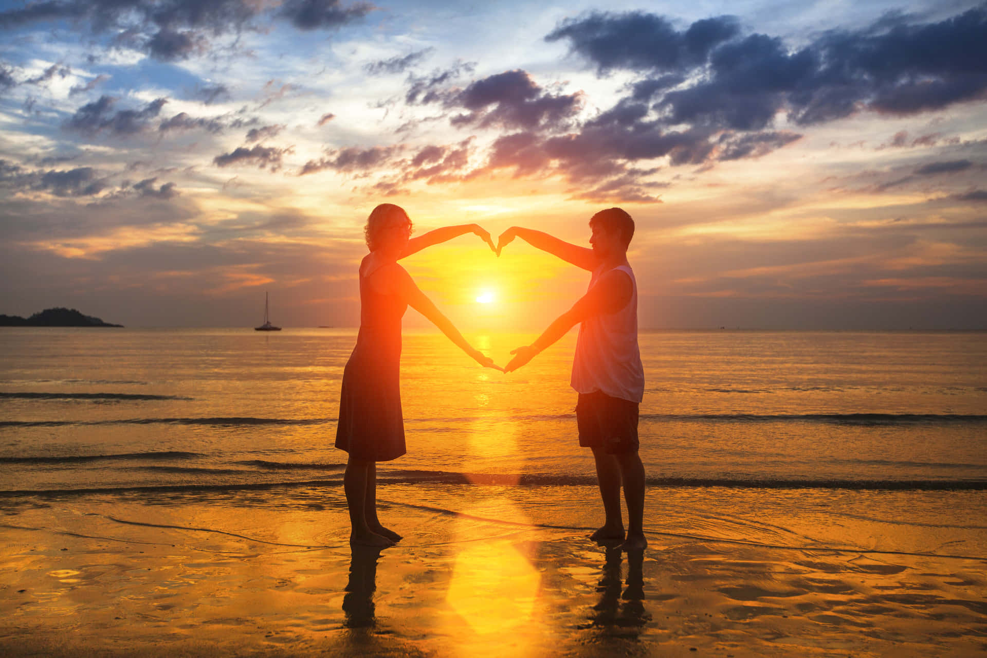 Sunset Couple Picture Making Heart Seashore
