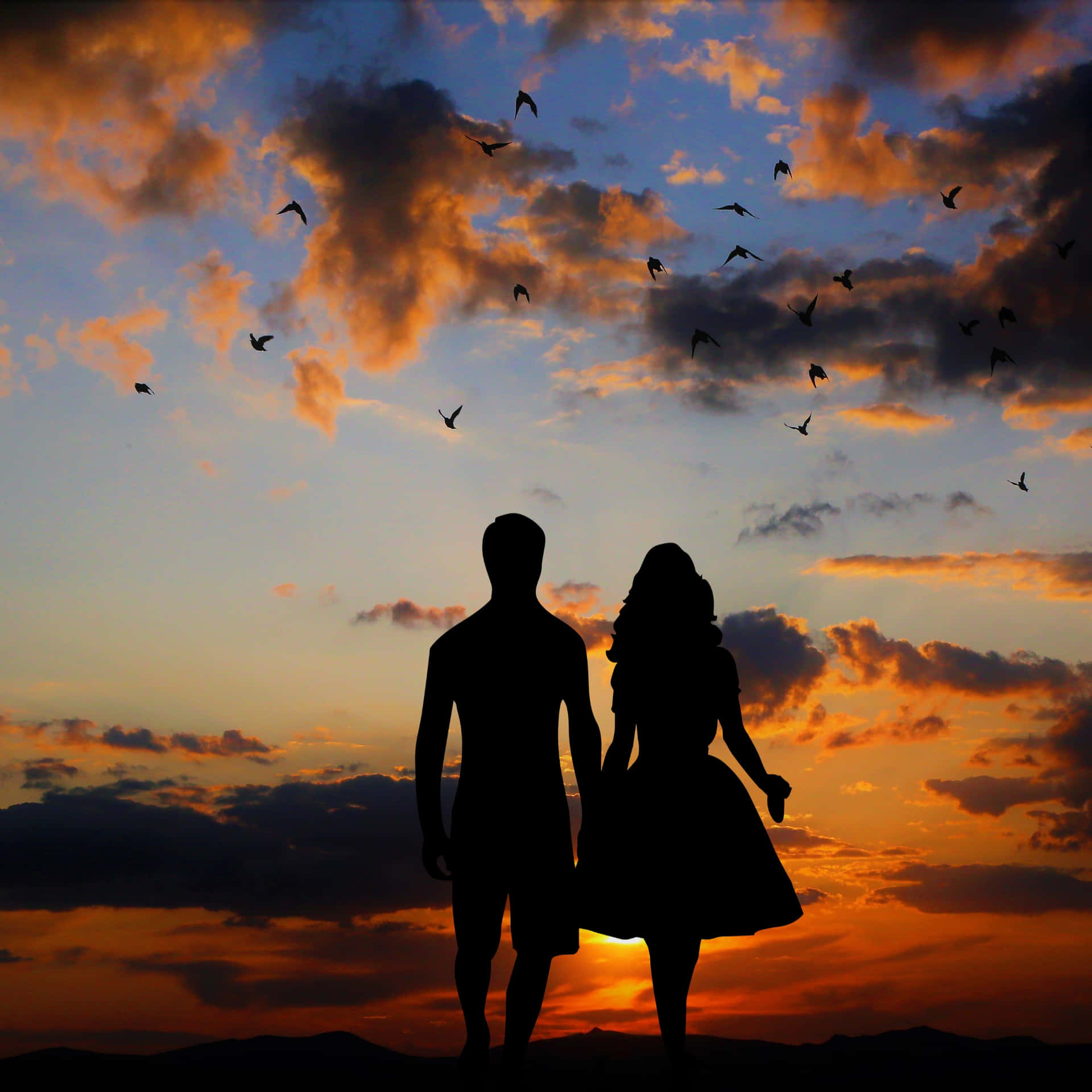Sunset Couple With Birds Wallpaper
