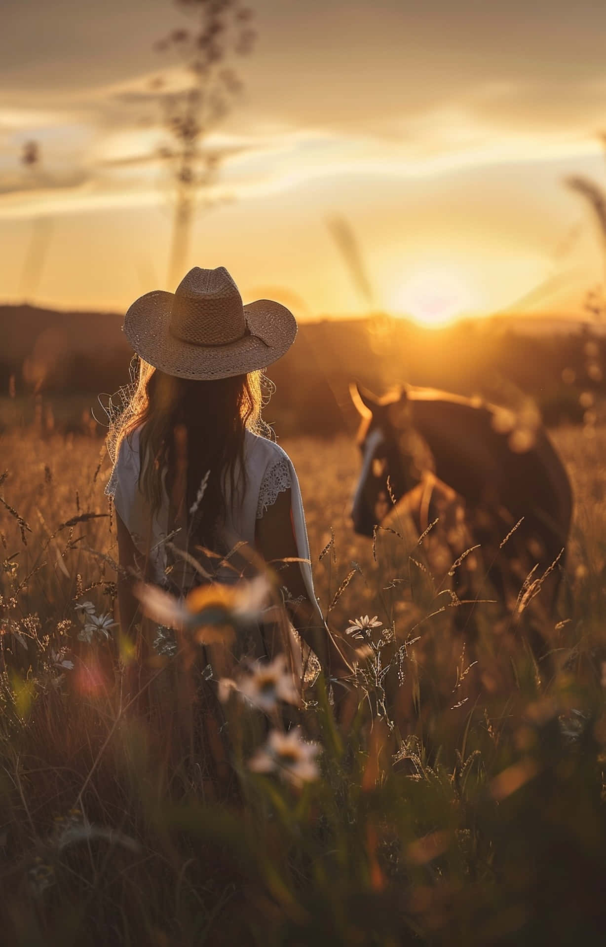 Sunset Cowgirl And Horse.jpg Wallpaper