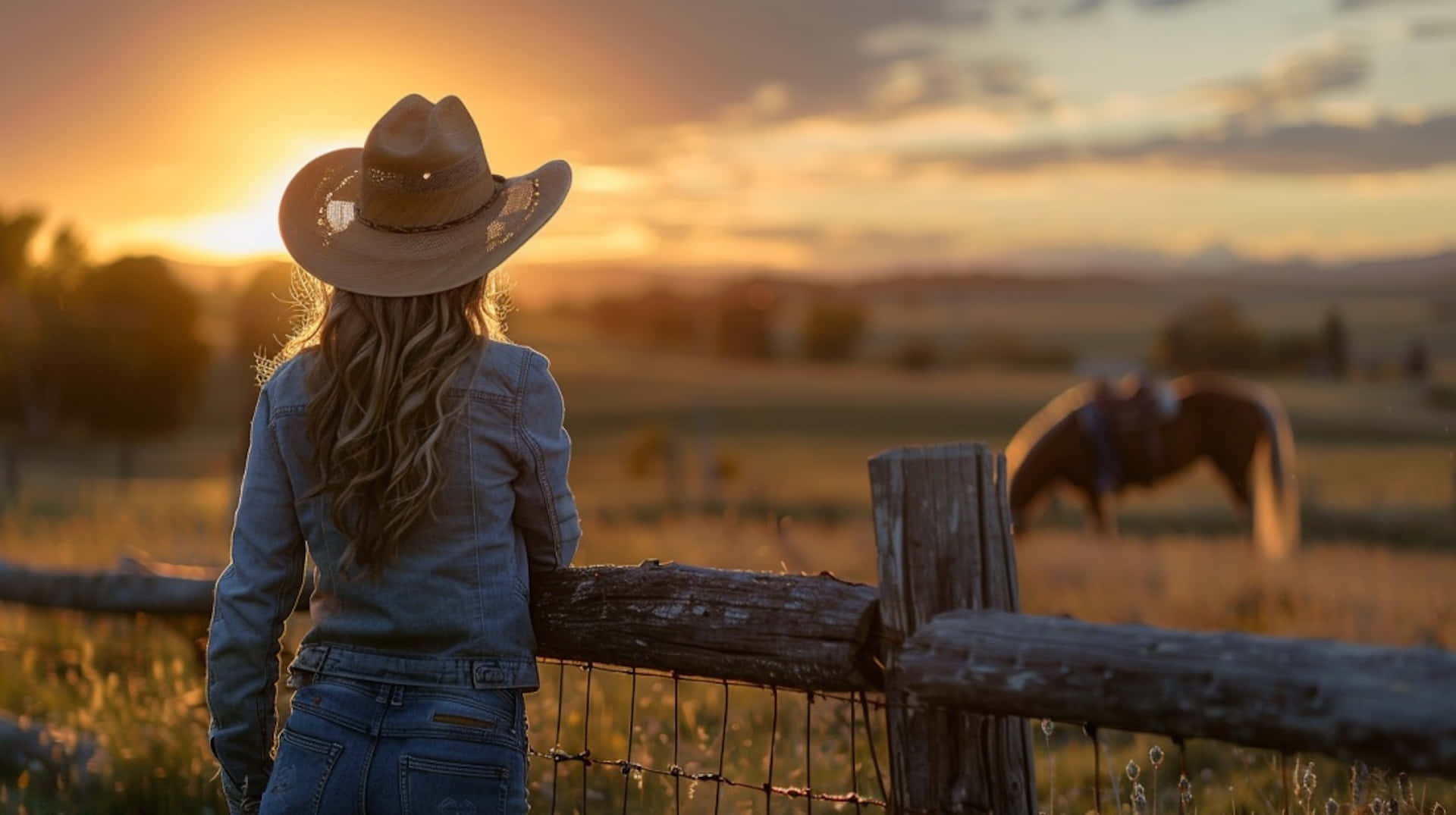 Sunset Cowgirl Gazing Over Fence Wallpaper
