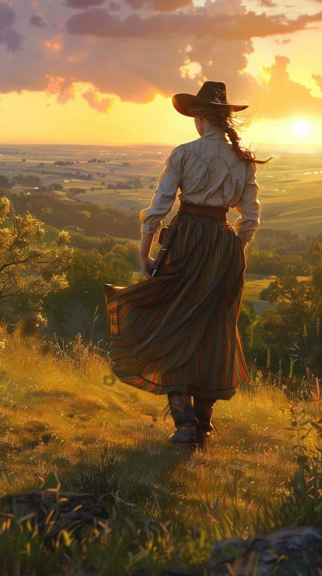 Sunset Cowgirl Overlooking Fields Wallpaper