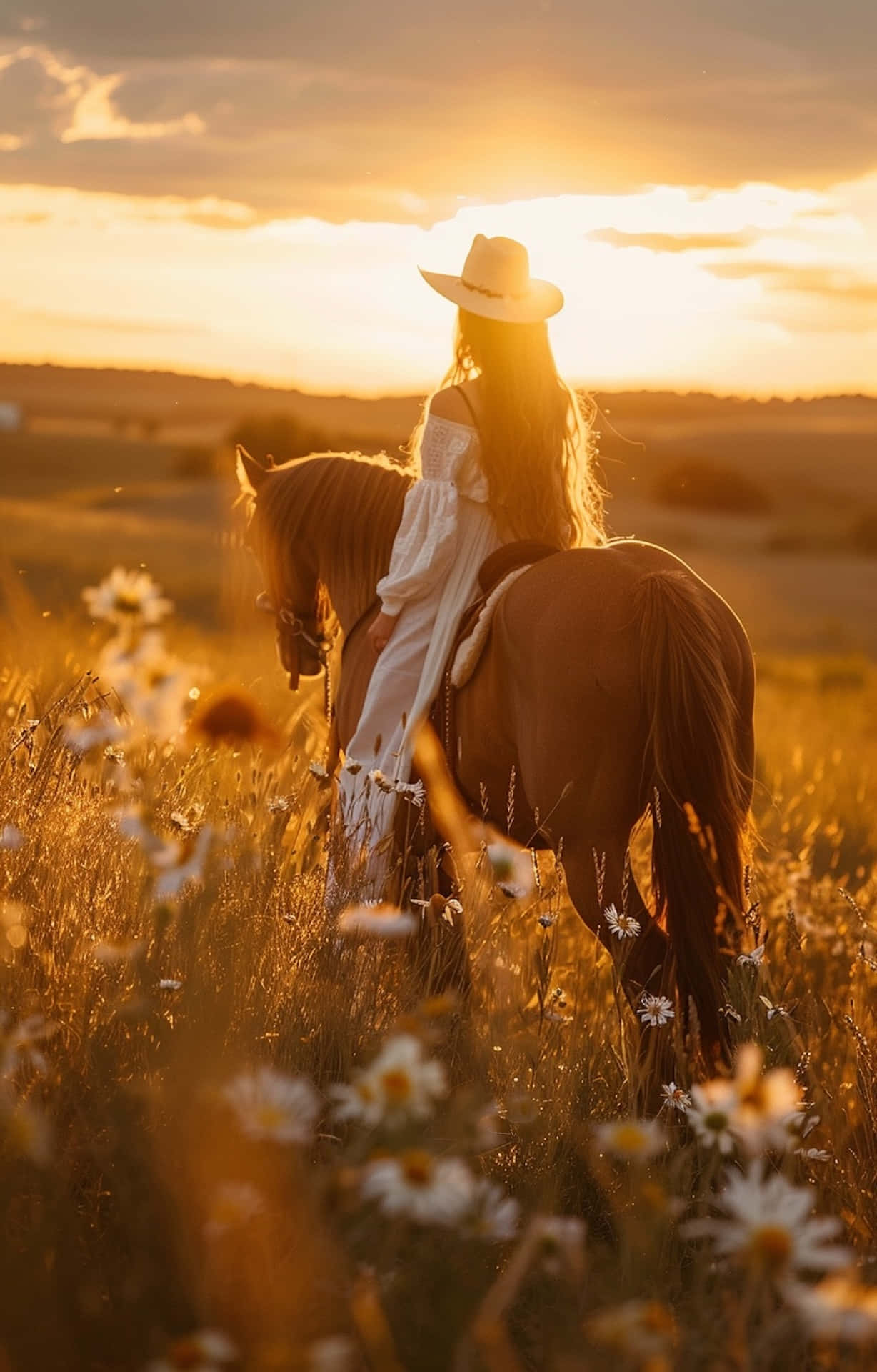 Sunset Cowgirlon Horseback Wallpaper