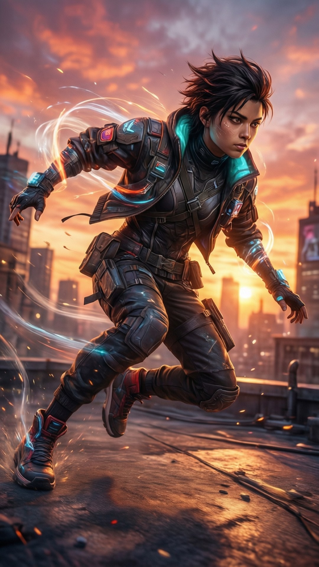 Jett dashing across a city rooftop under a vibrant sunset sky.