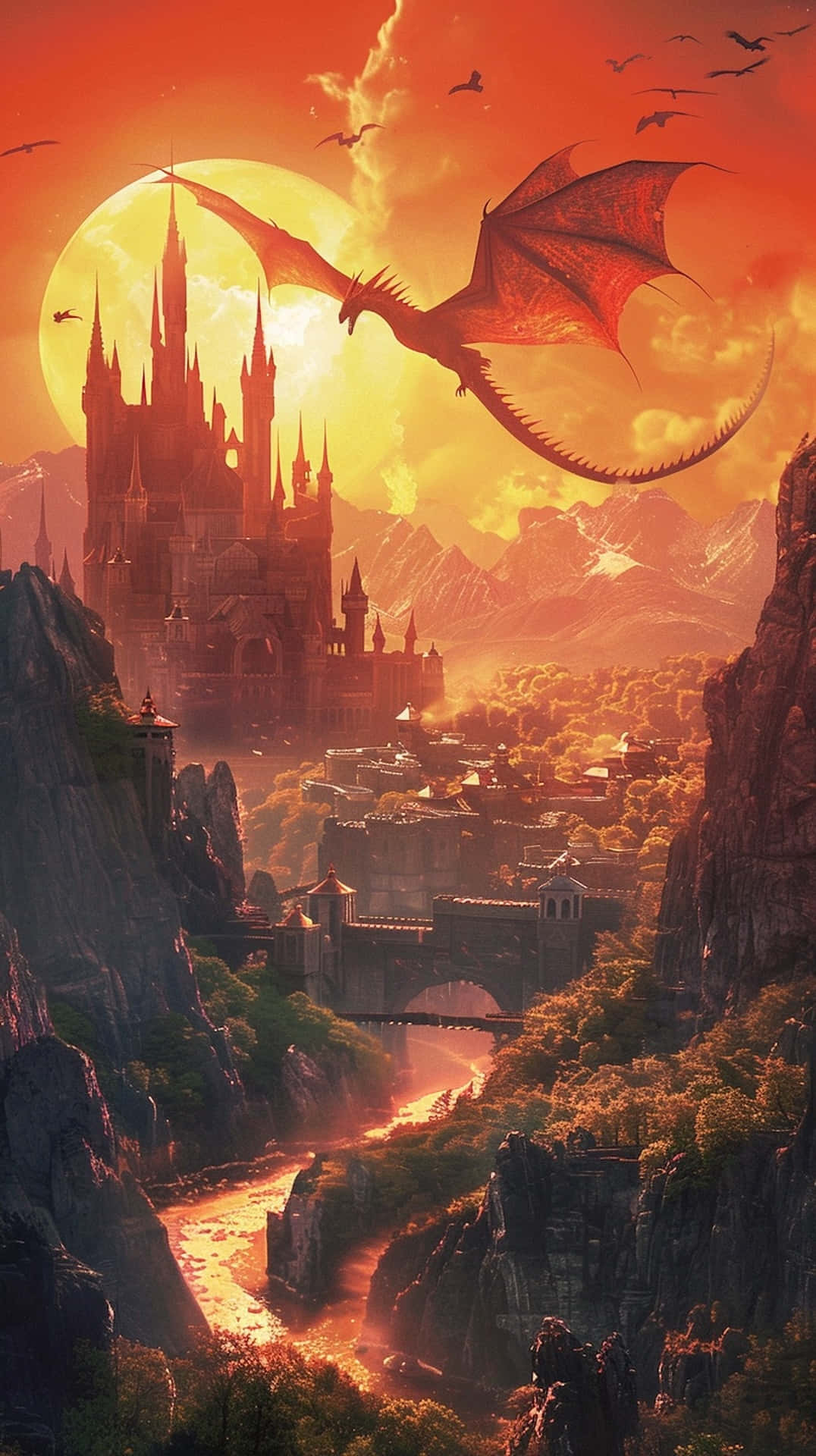 Sunset_ Dragon_ Flight_ Over_ Fantasy_ Kingdom Wallpaper