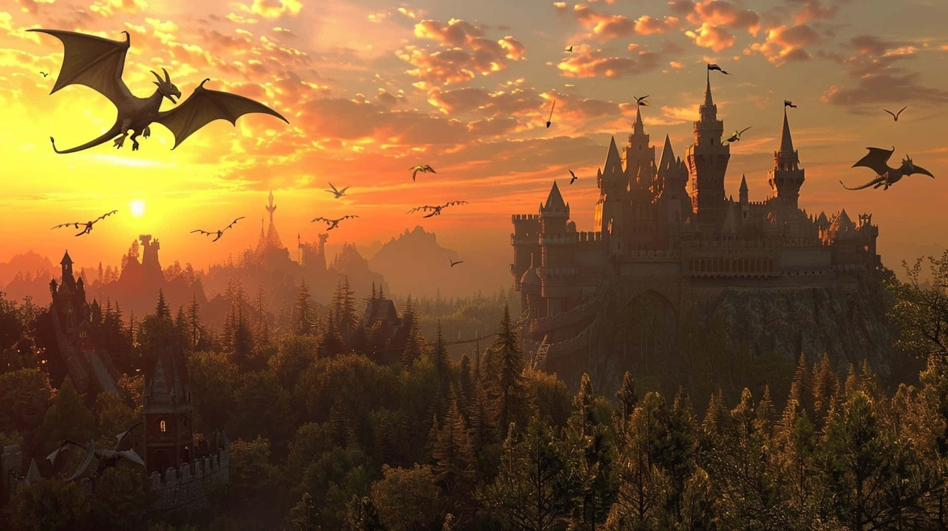 Sunset_ Dragon_ Flight_ Over_ Medieval_ Castle Wallpaper