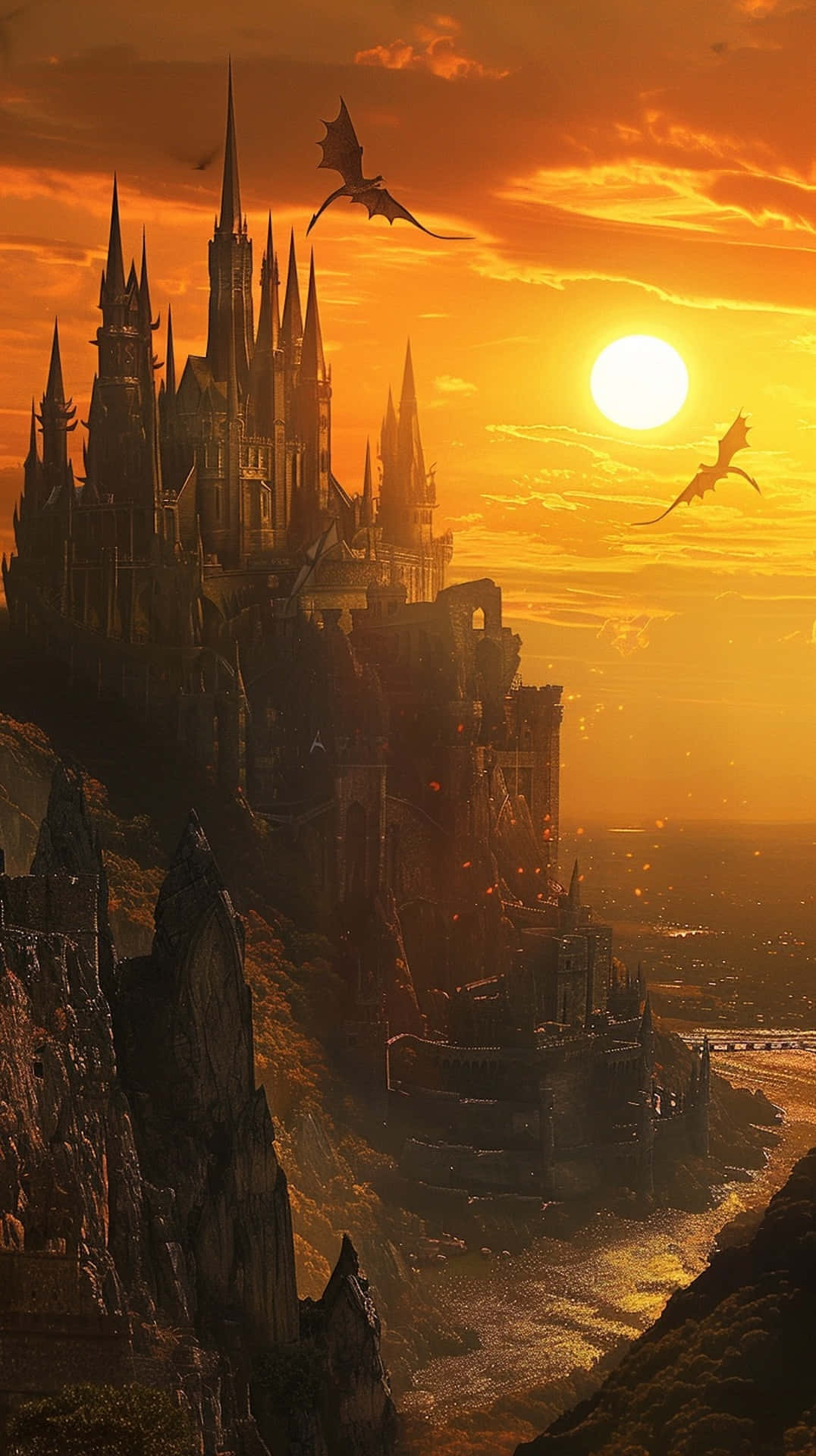 Sunset_ Dragons_ Castle_ Fantasy_ Scene.jpg Wallpaper