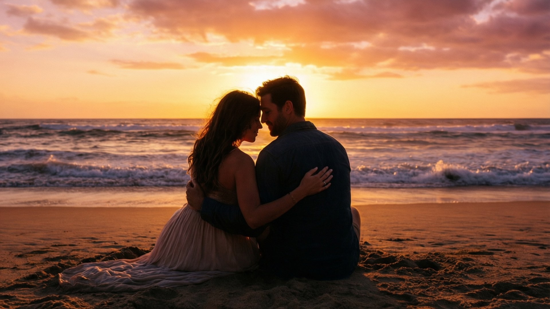 Couple in embrace on beach during sunset