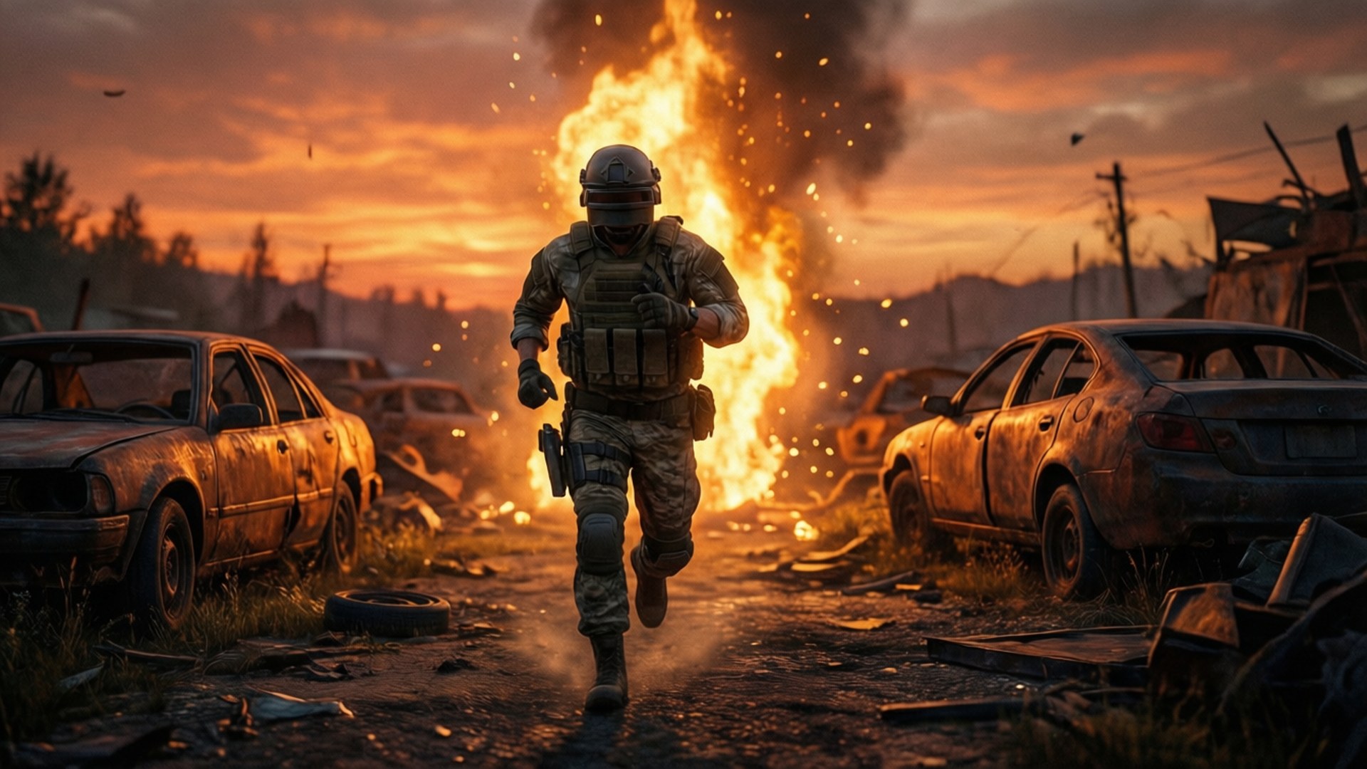 Een PMC-operator rent naar een extractiepunt bij zonsondergang, silhouet, Escape From Tarkov-stijl.
