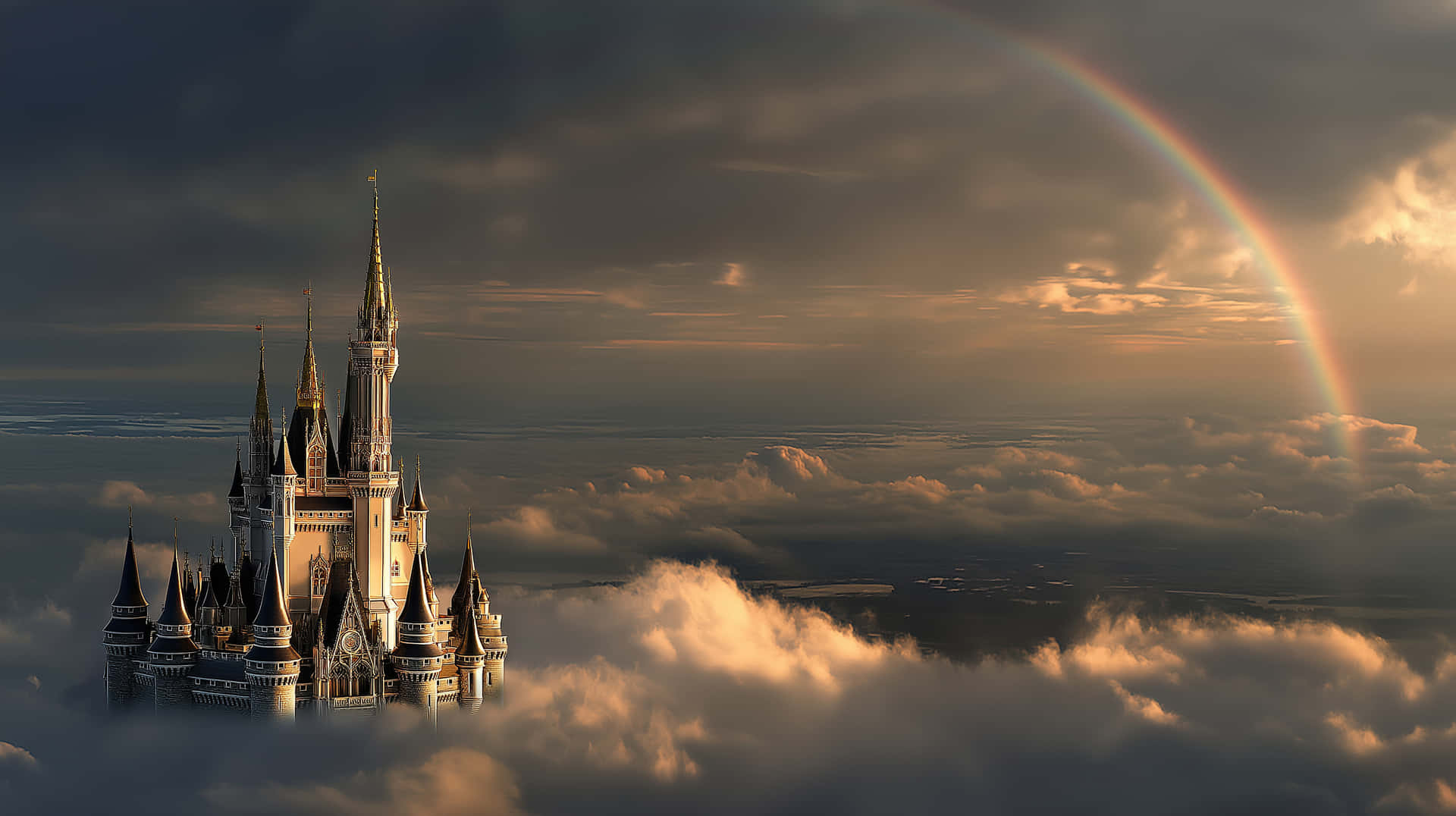 Sunset Fairytale Castle In Clouds With Serene Rainbow Wallpaper