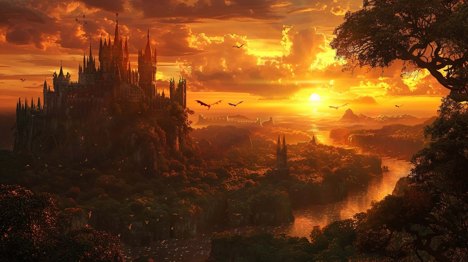 Sunset_ Fantasy_ Castle_ Landscape Wallpaper