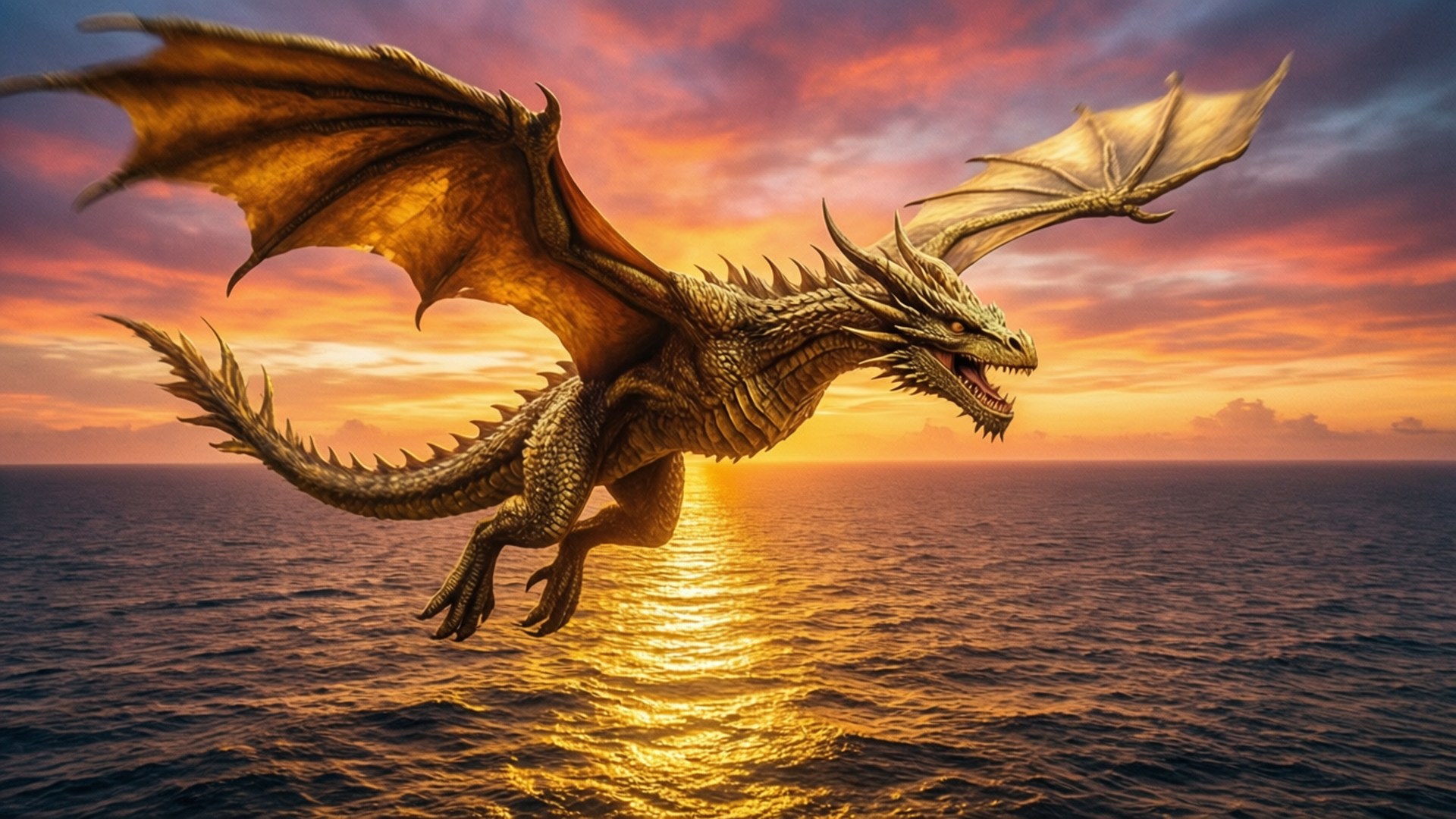 Un drago d'oro vola sopra un oceano al tramonto con riflessi dorati.