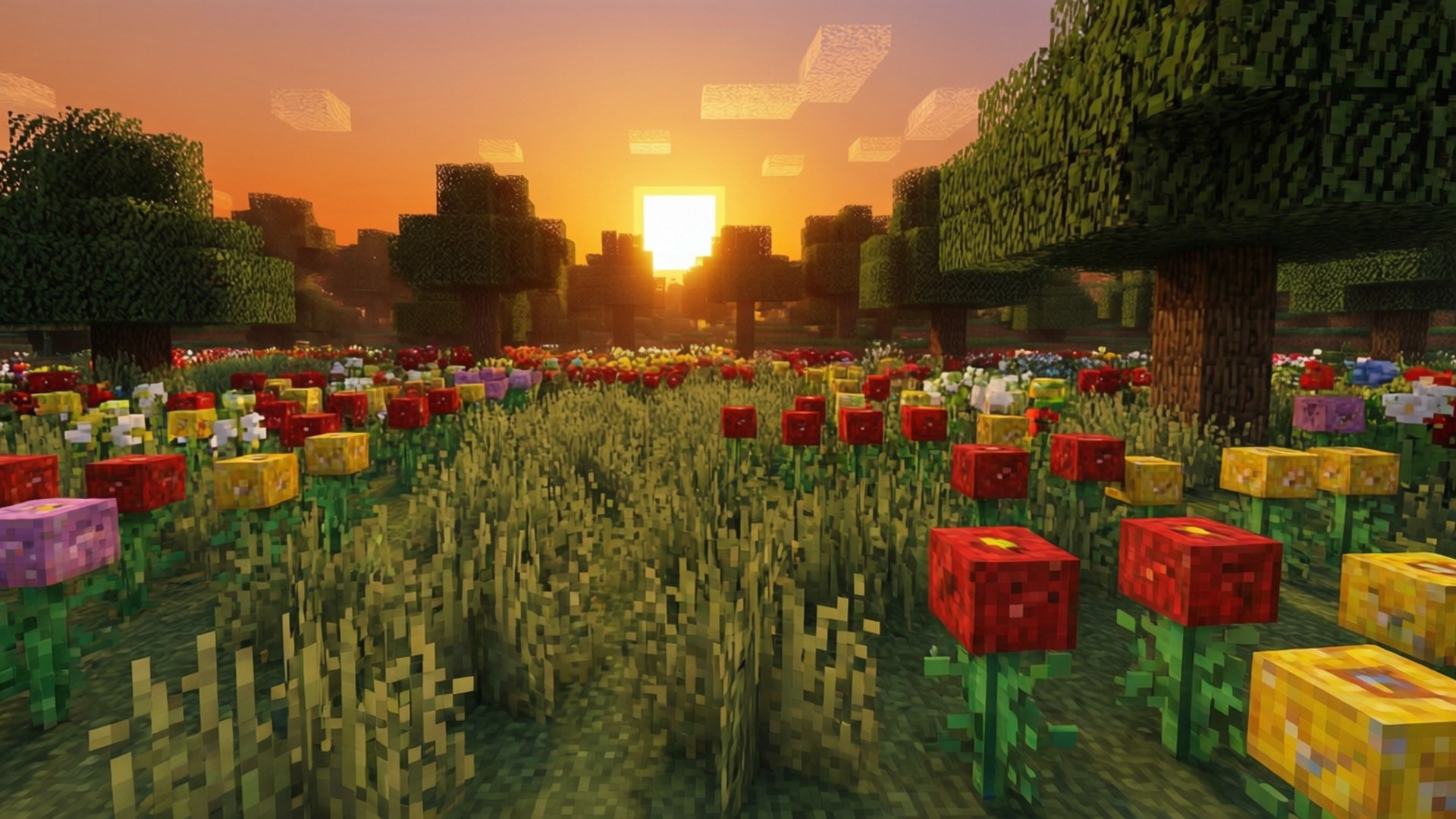 Pixelated Minecraft field with flowers and trees at sunset