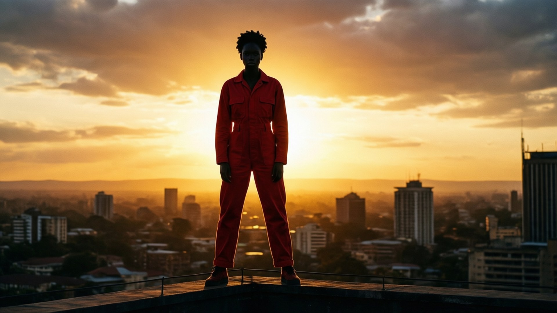 Silhueta de Nairobi ao pôr do sol simbolizando liberdade