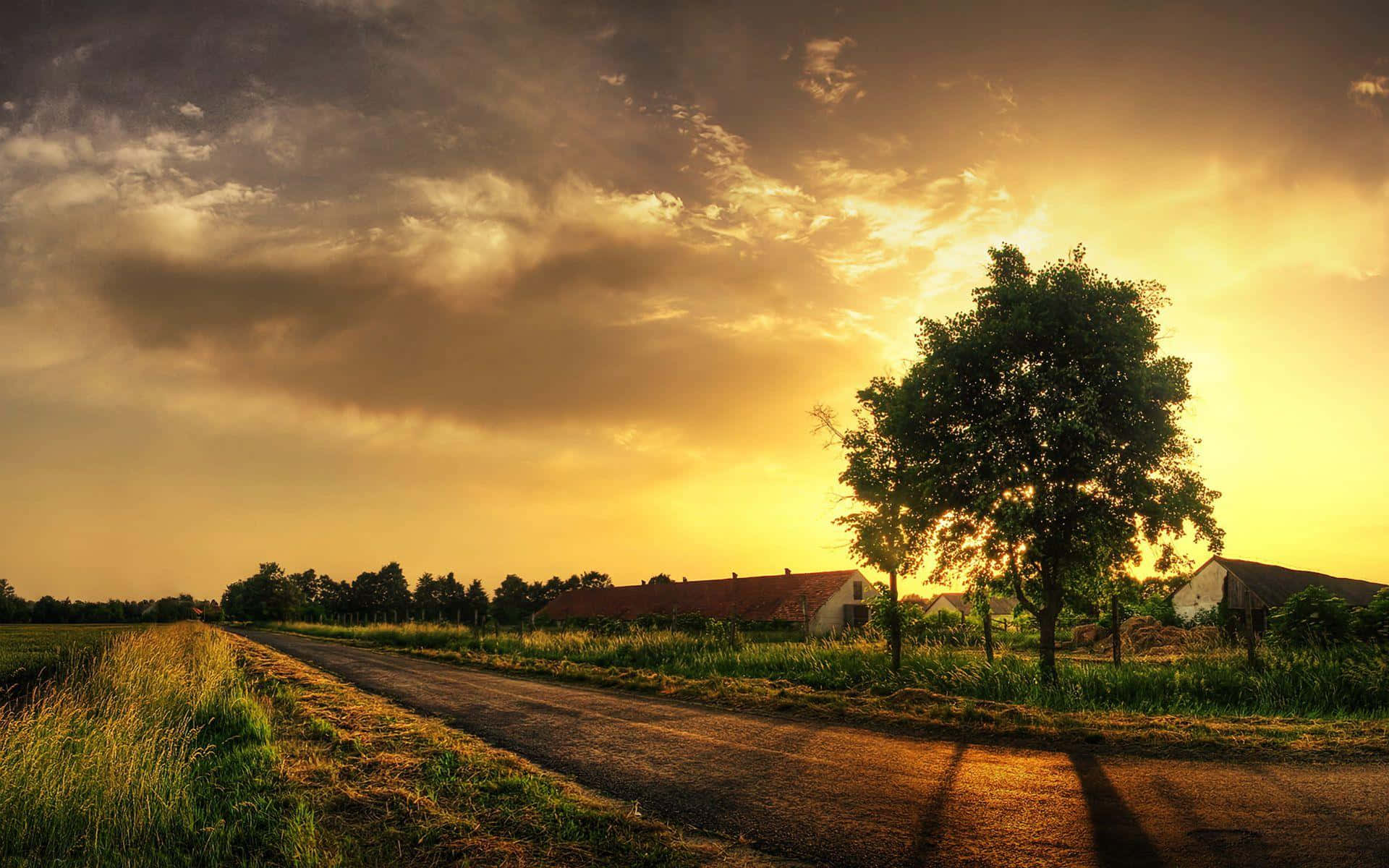 Sunset Glow Over Farmhouse Road Wallpaper