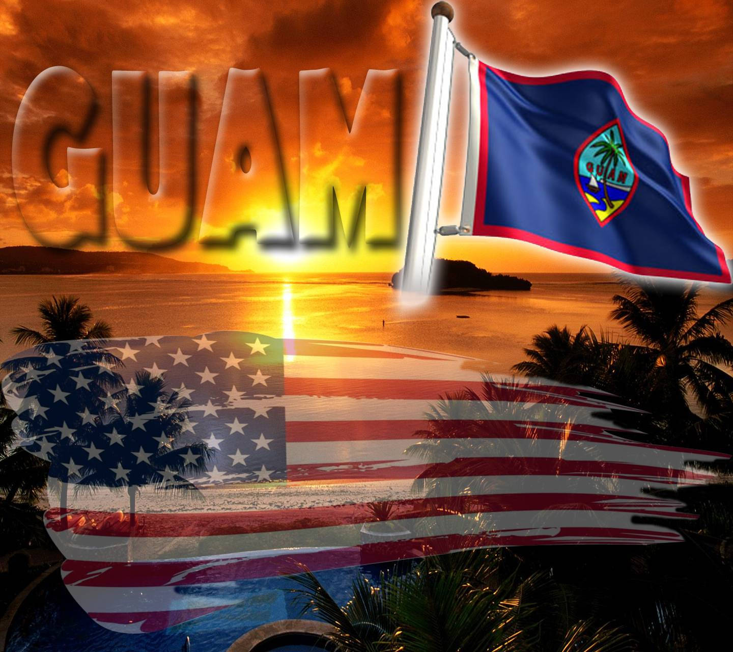 Solnedgang Guam Flag Tapet: Lys op din computer med de smukke farverige Guam flagtapet. Wallpaper