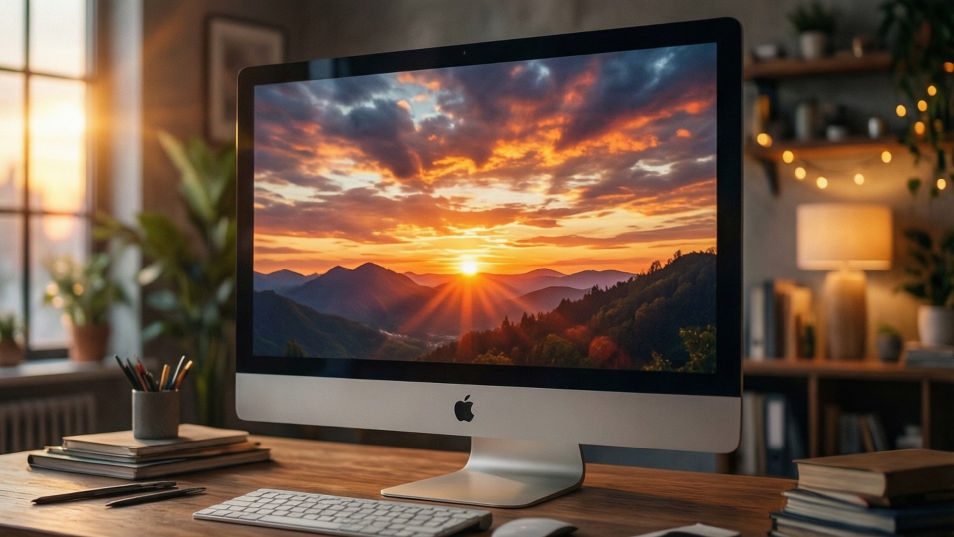 iMac with sunset reflection in modern home office.