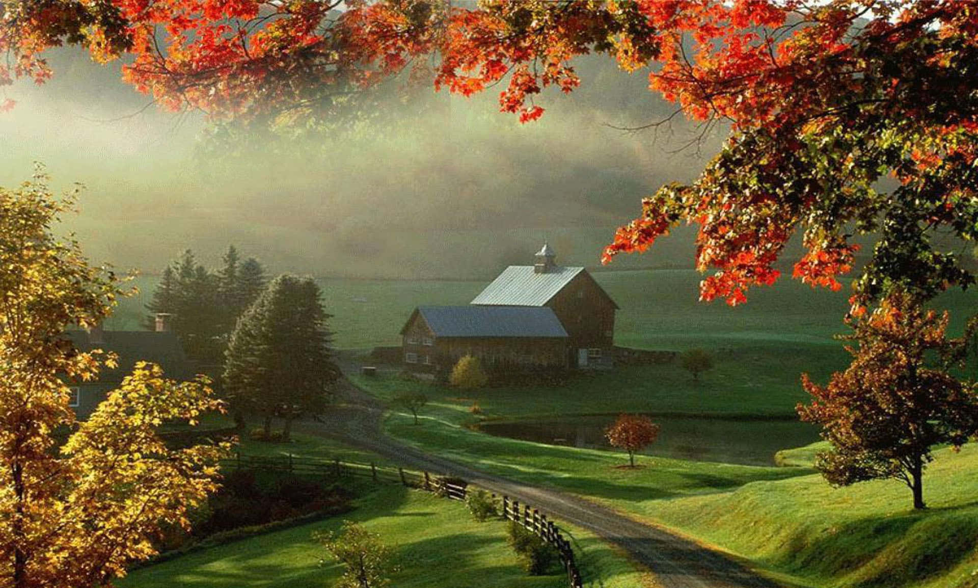 Sunset In A Tranquil Fall Farmhouse Wallpaper