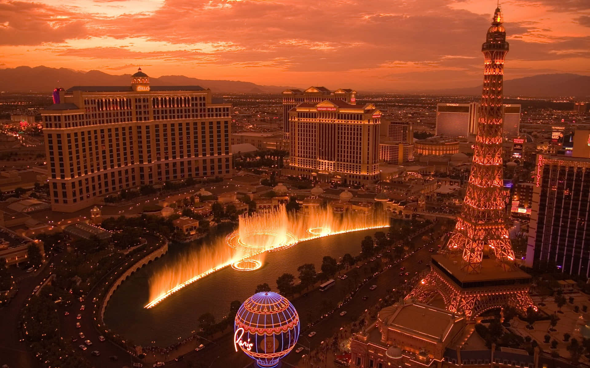 Solnedgang i Bellagio Las Vegas baggrund