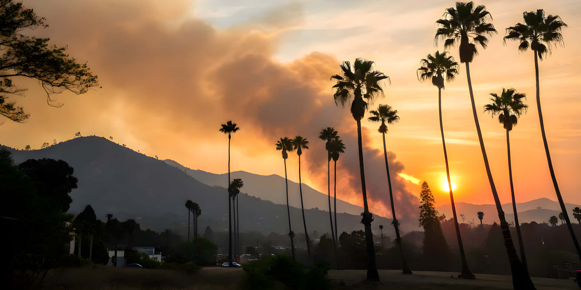 Sunset In Mountain And Beautiful Palm Trees Wallpaper