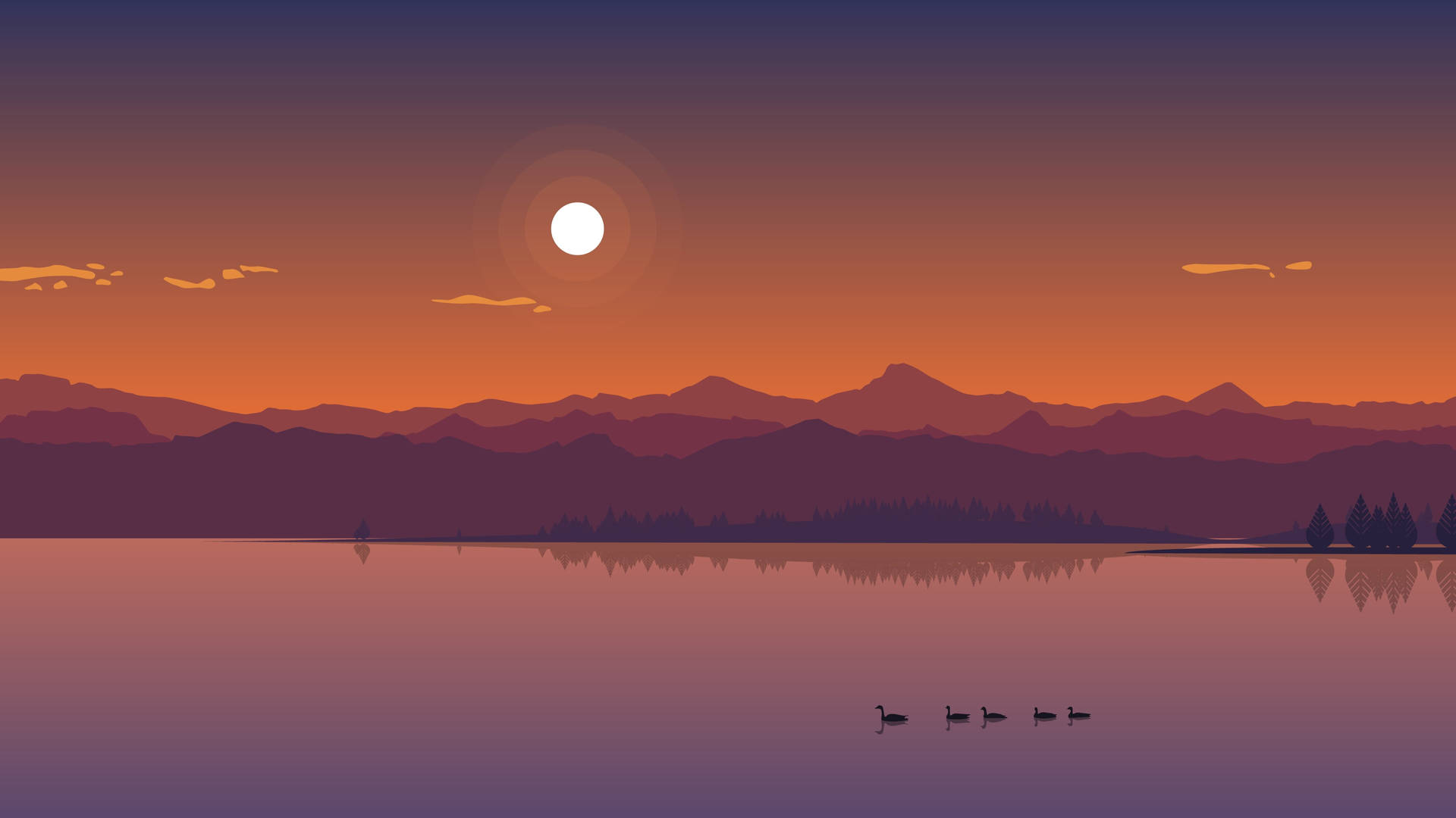Sunset Lake Nature Themed Vector Art Wallpaper