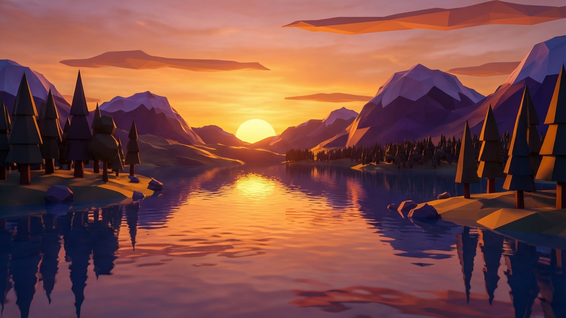 Solnedgang Innsjø Refleksjon Bakgrunner — Lavpoly innsjøscene med varme solnedgangsfarger og geometriske refleksjoner.