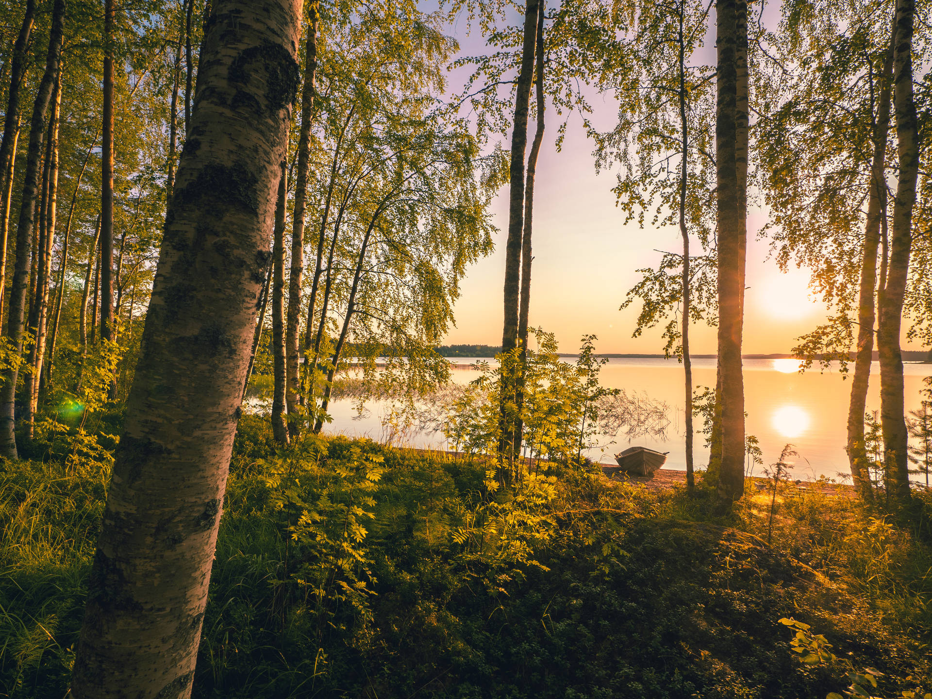 Sunset Lake Shore In Finland