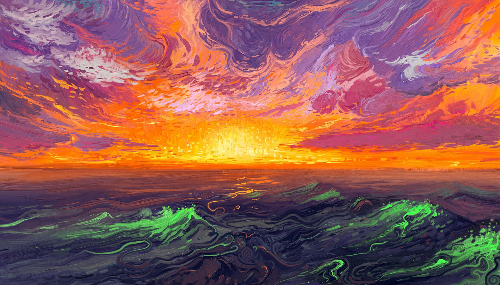 Sunset Landscape 4K Painting Wallpaper