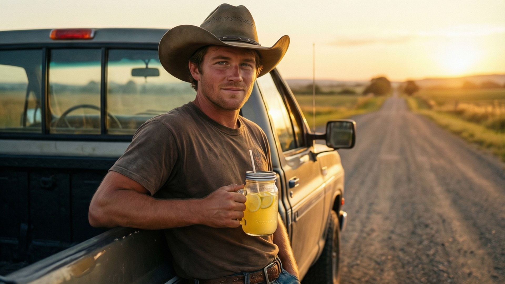 En nostalgisk scene af en landdreng med en pickup truck ved solnedgang.