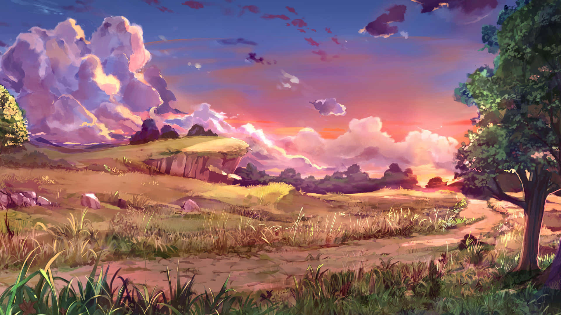 Sunset Meadow Landscape Art4 K Wallpaper
