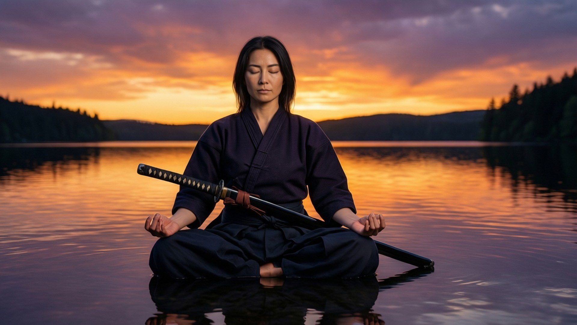 Kasumi Miwa mediterer ved en sø ved solnedgang med sin katana.