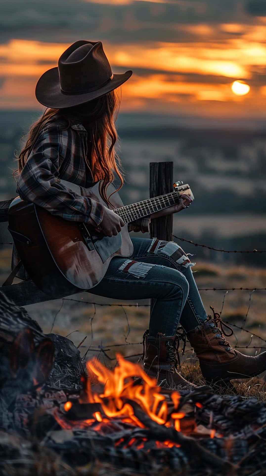 Sunset Melodies Country Cowgirl Guitar Wallpaper