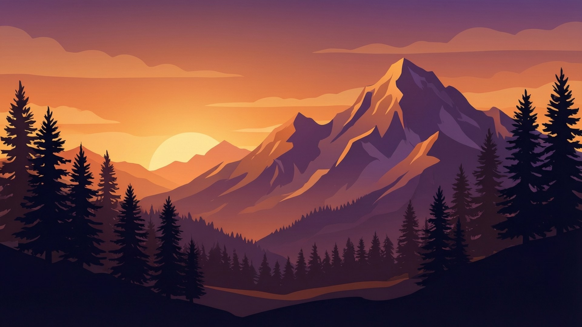 Flat vector mountain landscape with warm sunset colors, perfect for a clean outdoor SVG wallpaper. — Outdoor Picture
