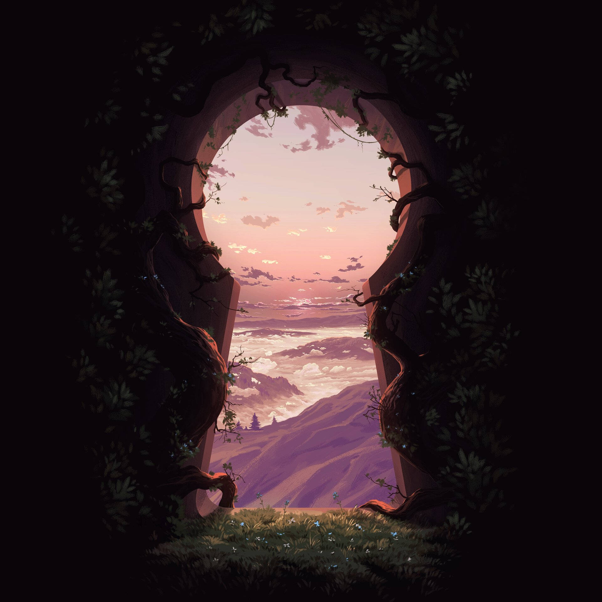 Sunset Mountain View Through Key Opening Wallpaper