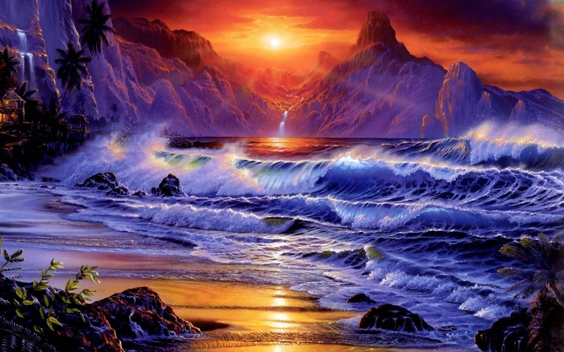 Sunset Ocean Illustration Wallpaper
