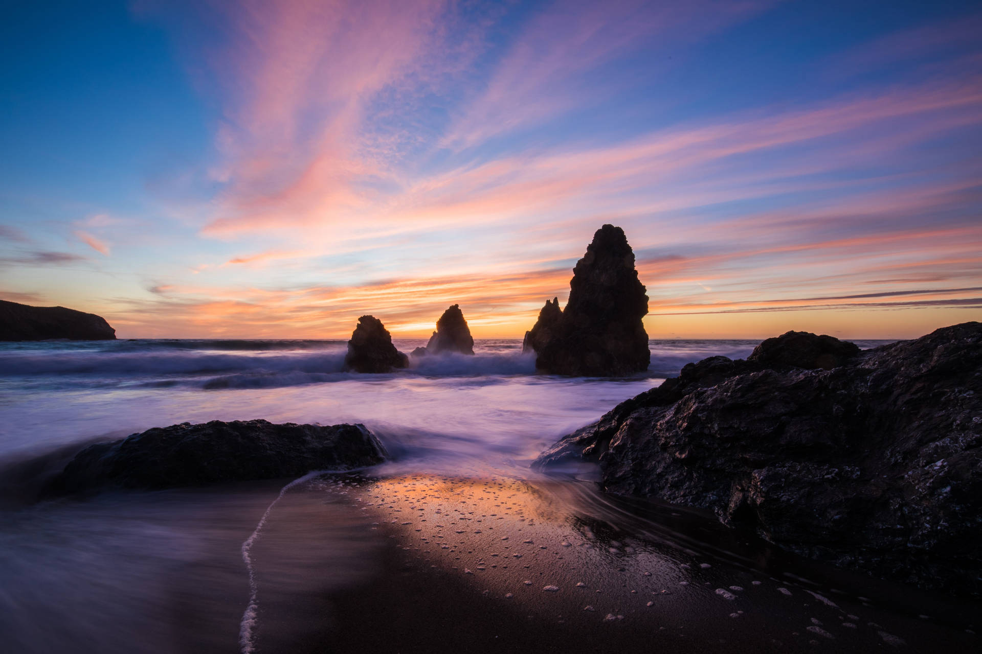 Sunset Ocean Rocks By Shore Wallpaper