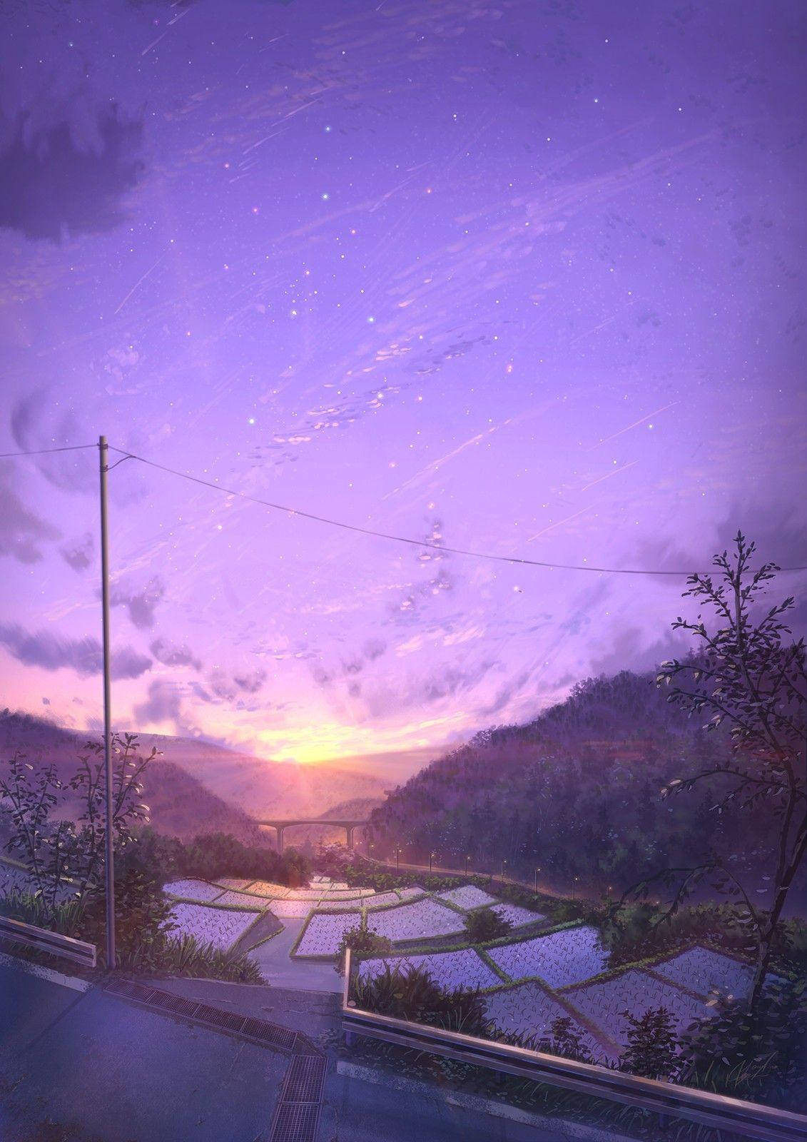 Solnedgang over et felt æstetisk anime landskab Wallpaper