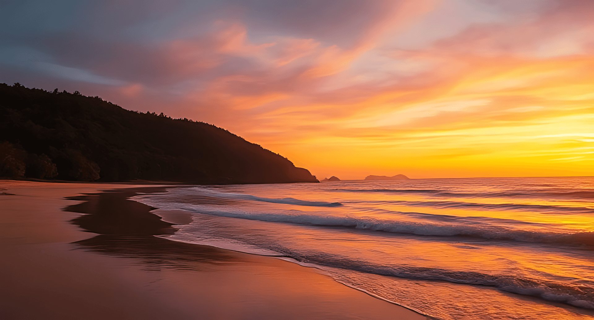 Sunset Over A Tranquil Beach With Gentle Waves. The Sky Is Painted In Vibrant Hues Of Orange And Pin Wallpaper