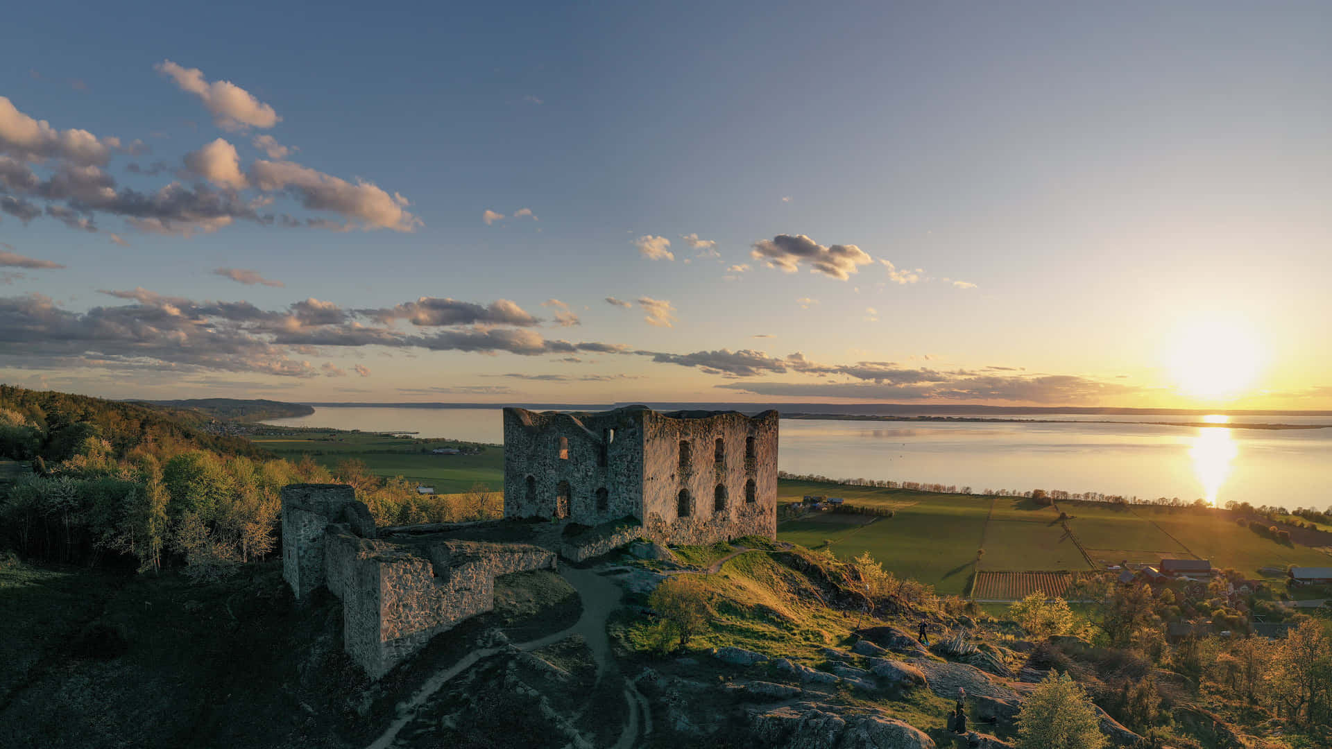 Zonsondergang Over Brahehus Ruïnes Jönköping Zweden Achtergrond