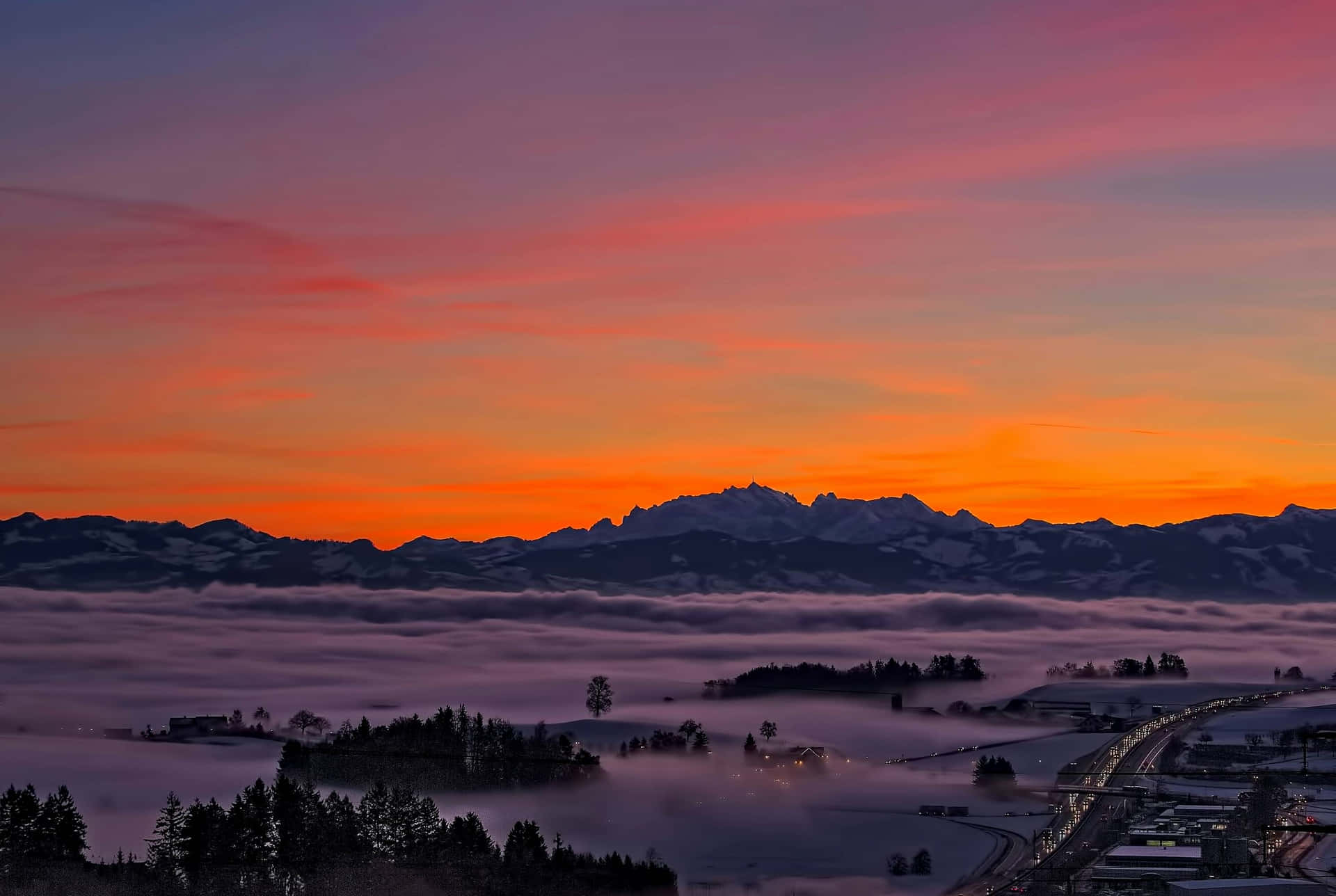Sunset Over Foggy Horgen Switzerland Wallpaper