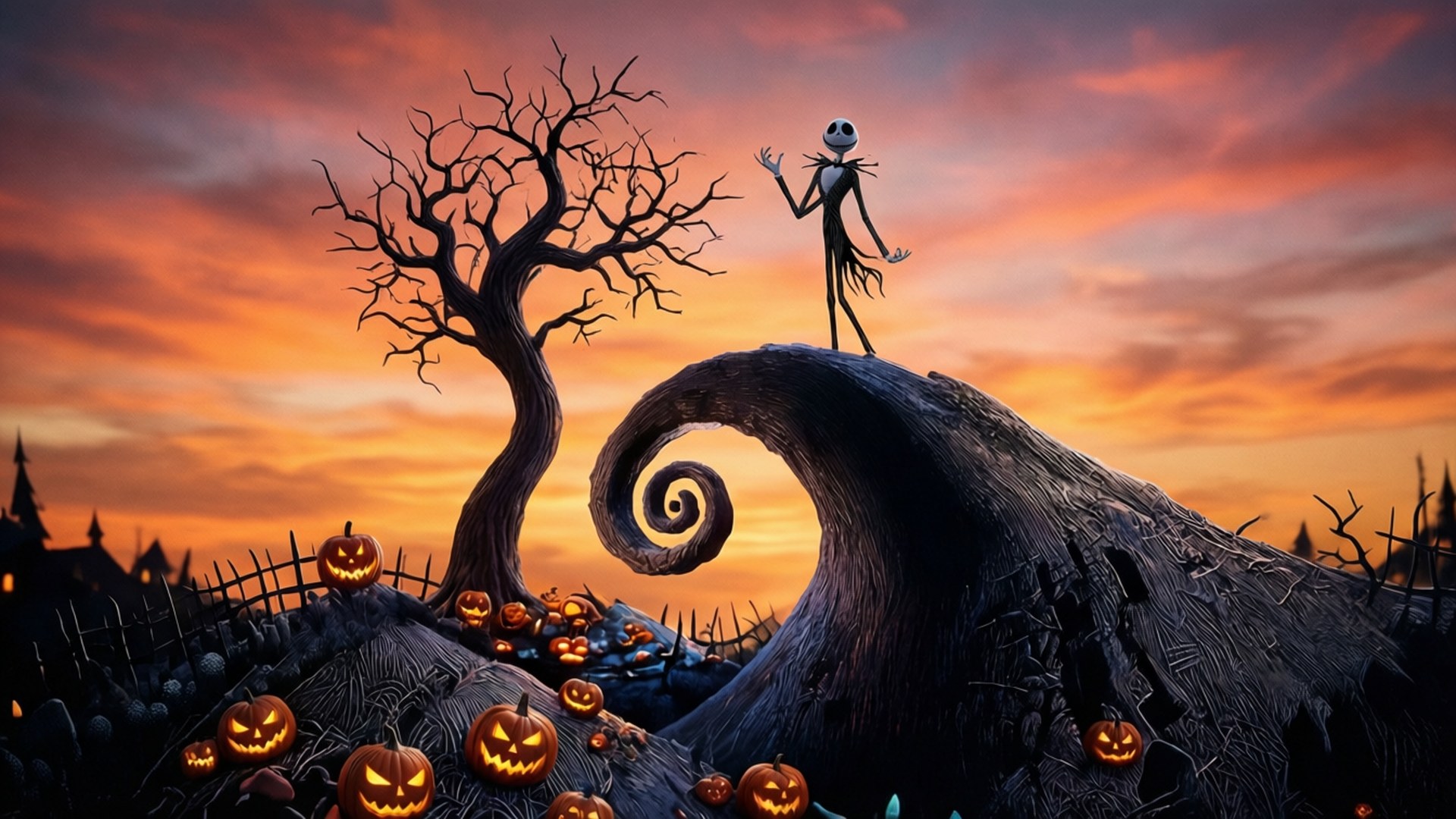 Jack Skellington als Silhouette gegen einen Sonnenuntergang auf dem ikonischen Hügel.