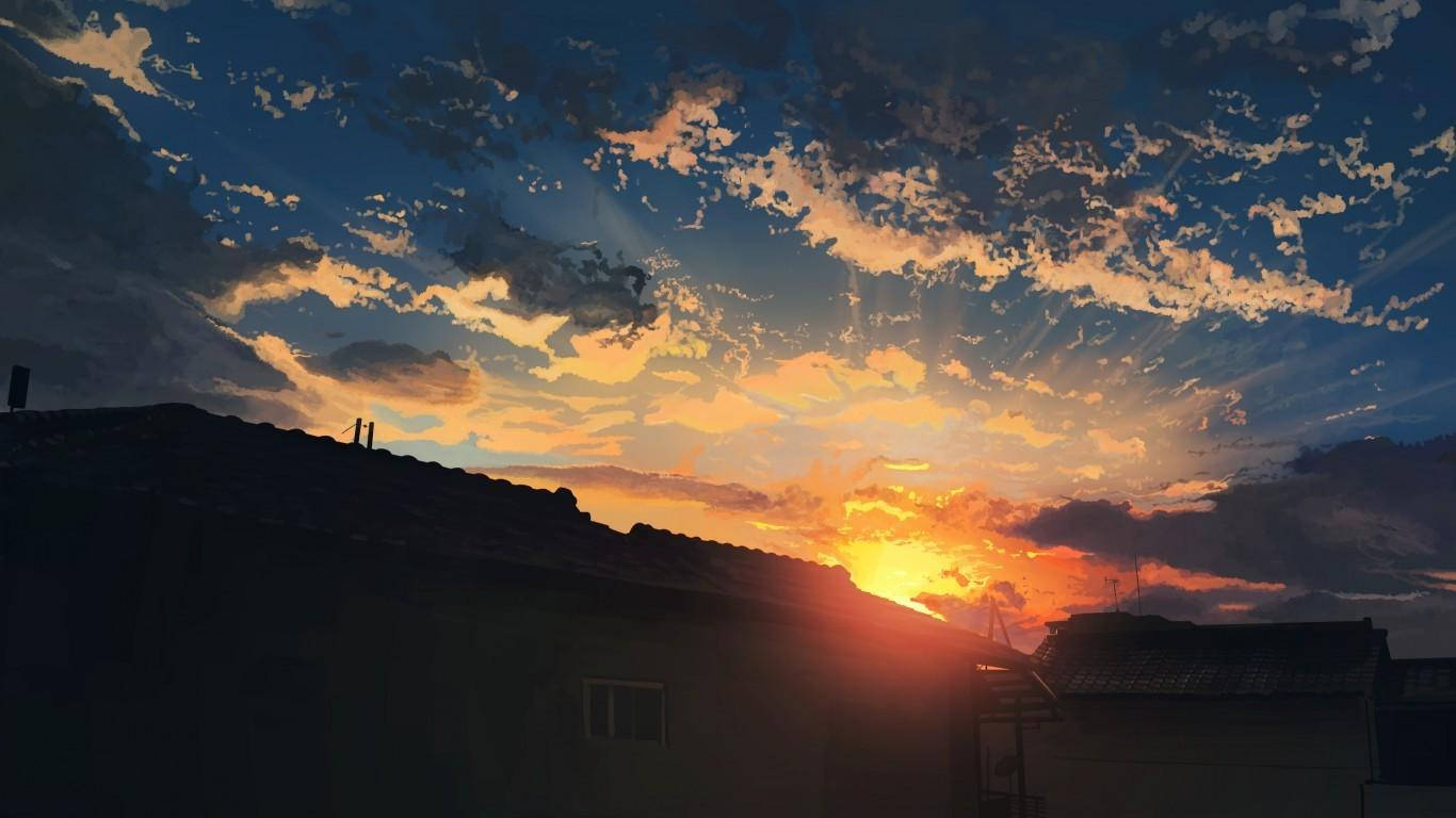 Solnedgångöver Hus Estetisk Anime Scenery. Wallpaper