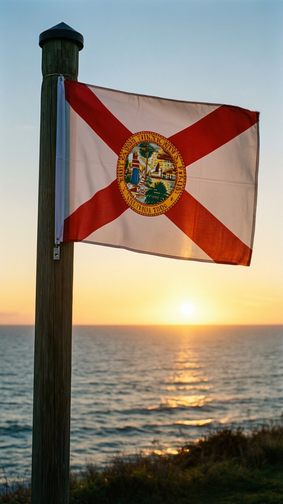 Sunset Over Ocean Wallpaper — Florida state flag flutters on a wooden pole at sunset over the ocean with golden light reflecting on water.