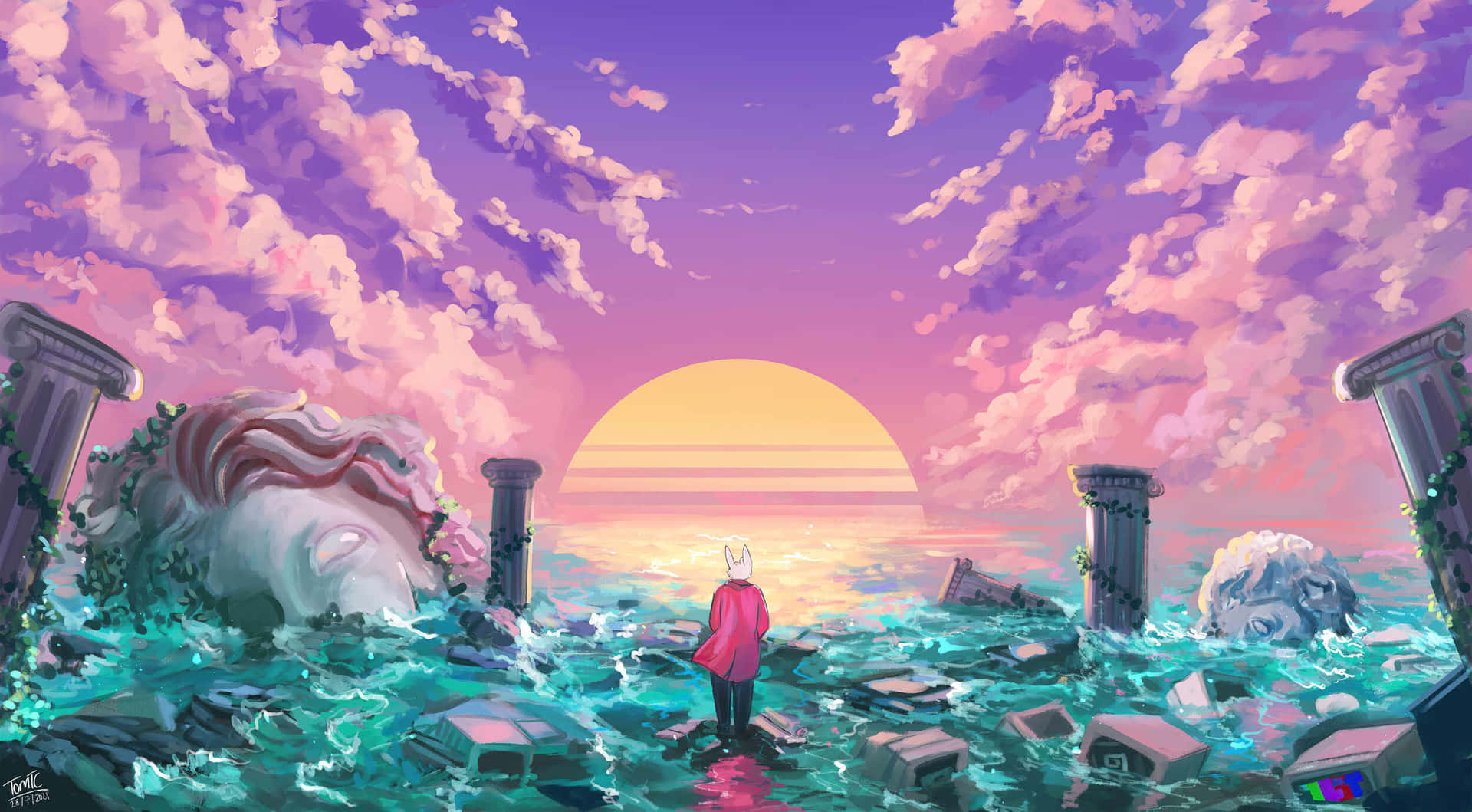 Sunset_ Over_ Ruins_ Fantasy_ Art Wallpaper