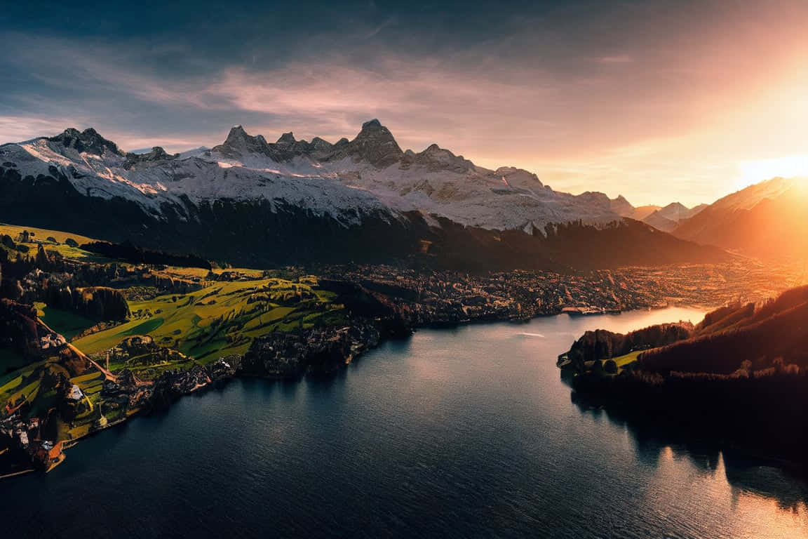 Sunset_ Over_ Swiss_ Alps_and_ Lake_ Lucerne Wallpaper
