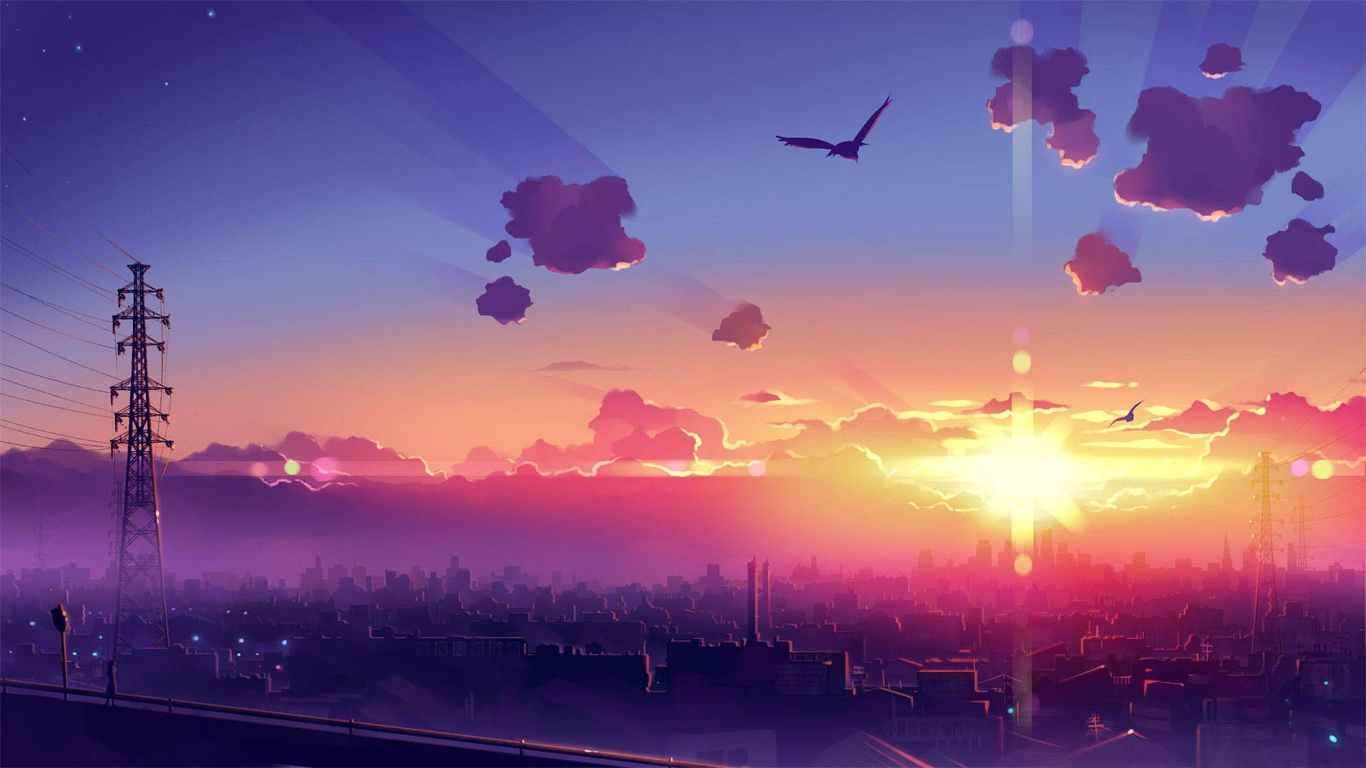Solnedgang over byen æstetisk Anime-scenarie Wallpaper