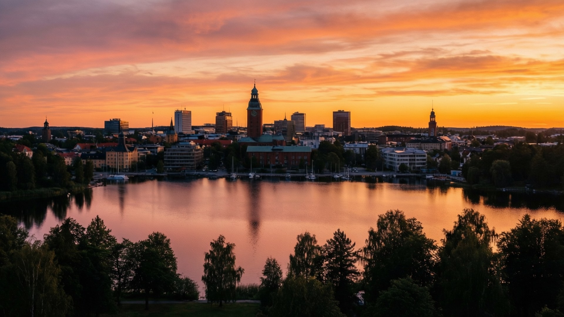 Bysilhuet ved solnedgang med orange himmel spejlet i roligt vand omgivet af træer.