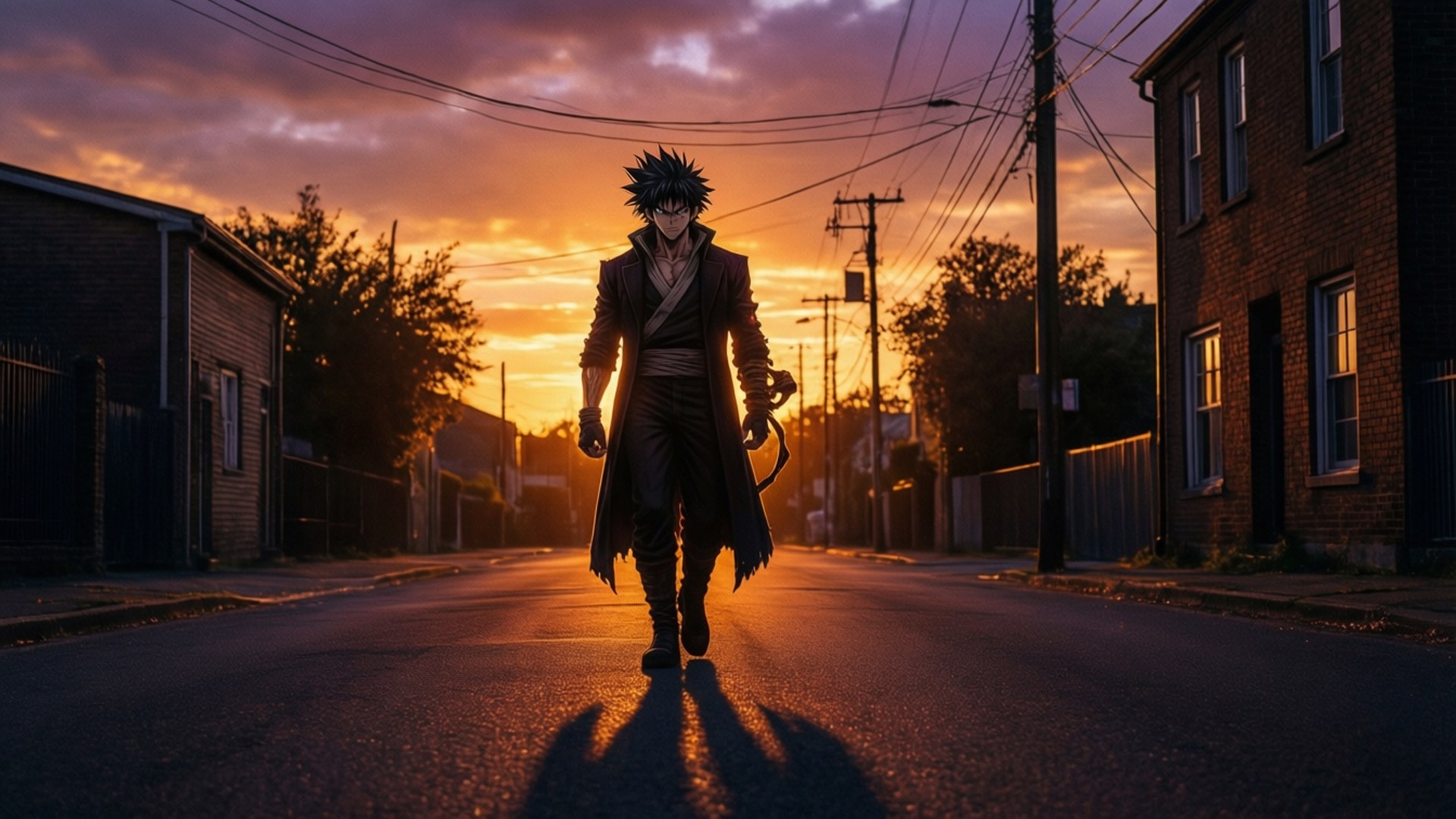 Sunset Phantom Wallpaper — Karakter anime berambut runcing berjalan di jalan yang sepi saat matahari terbenam dengan bayangan panjang membentang di belakangnya.
