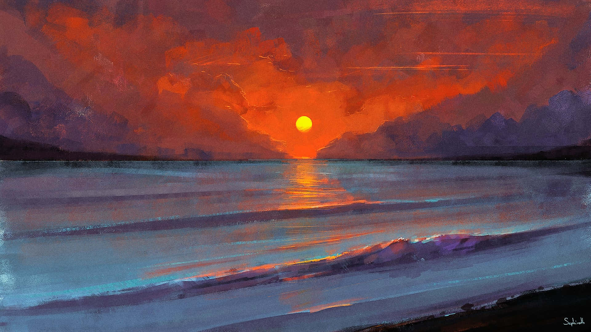 Enmålning Av En Solnedgångsbild.