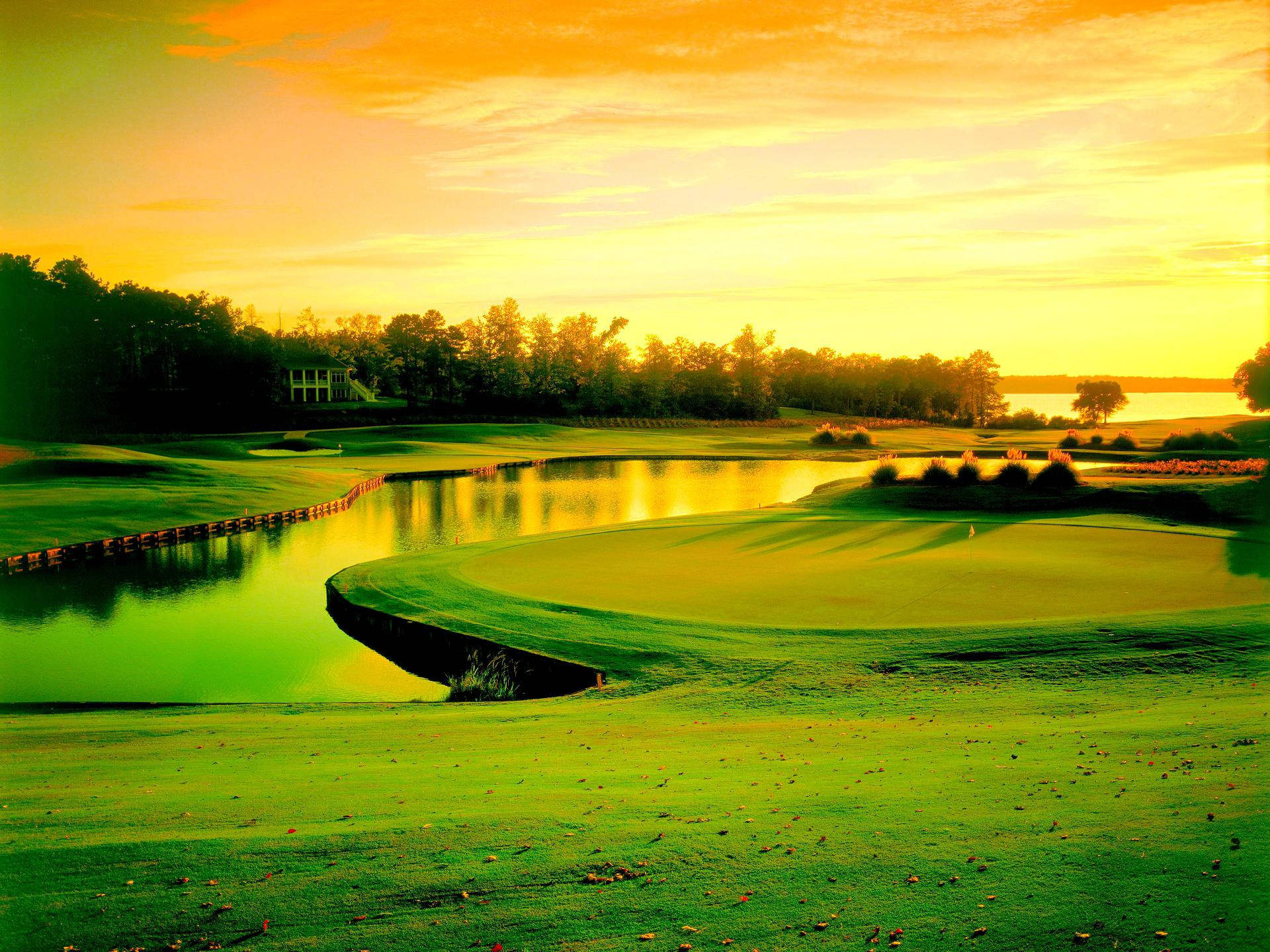 Sunset Pond Golfing Desktop Background Wallpaper