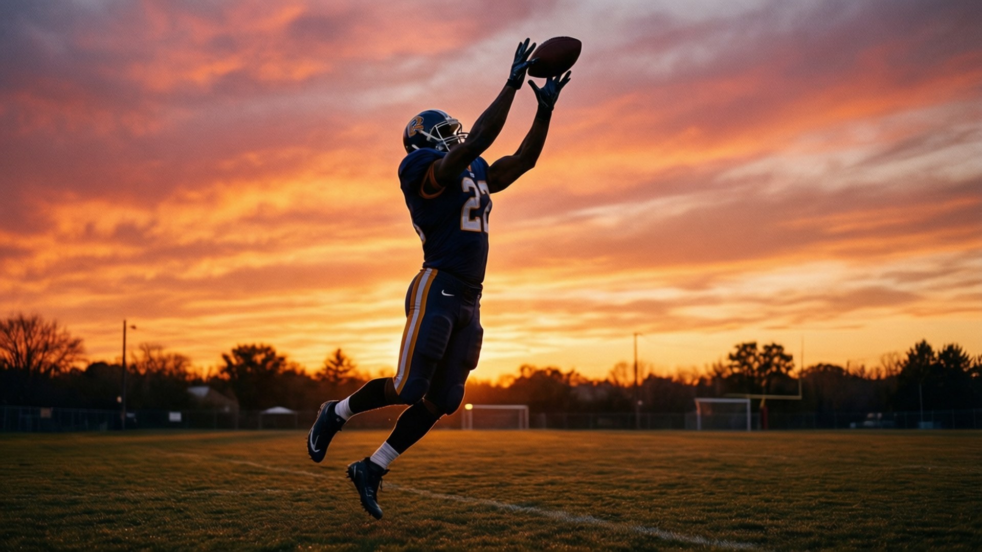 Silhuet af Randy Moss mod en farverig solnedgang, inspirerende baggrund.